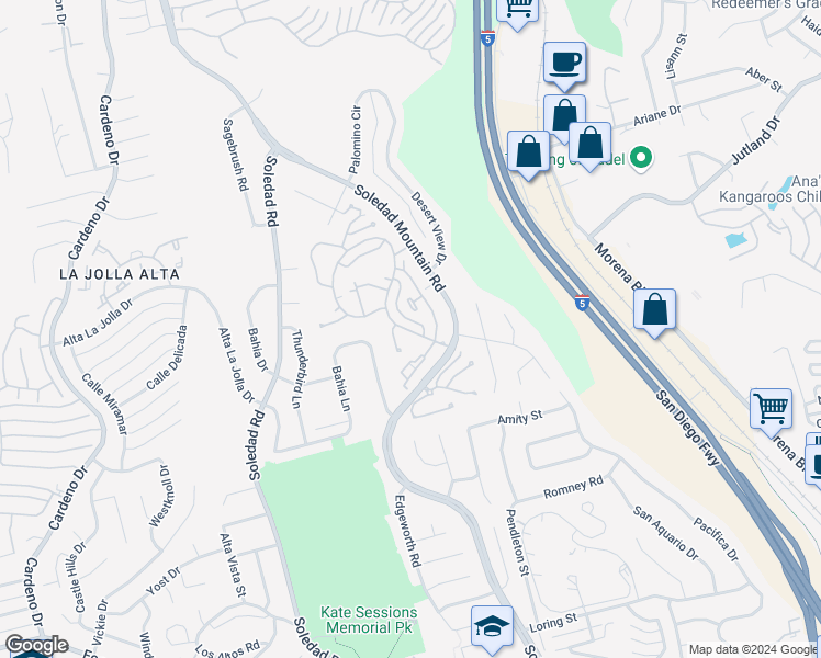 map of restaurants, bars, coffee shops, grocery stores, and more near 5580 Caminito Consuelo in San Diego