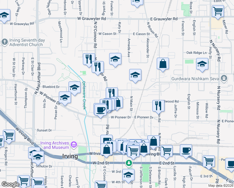 map of restaurants, bars, coffee shops, grocery stores, and more near 200 West Union Bower Road in Irving