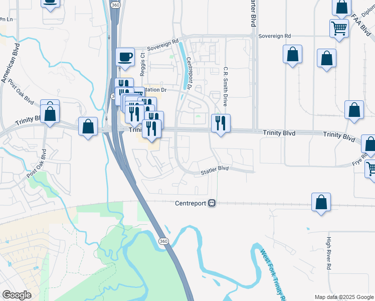 map of restaurants, bars, coffee shops, grocery stores, and more near 3900 Centreport Drive in Fort Worth