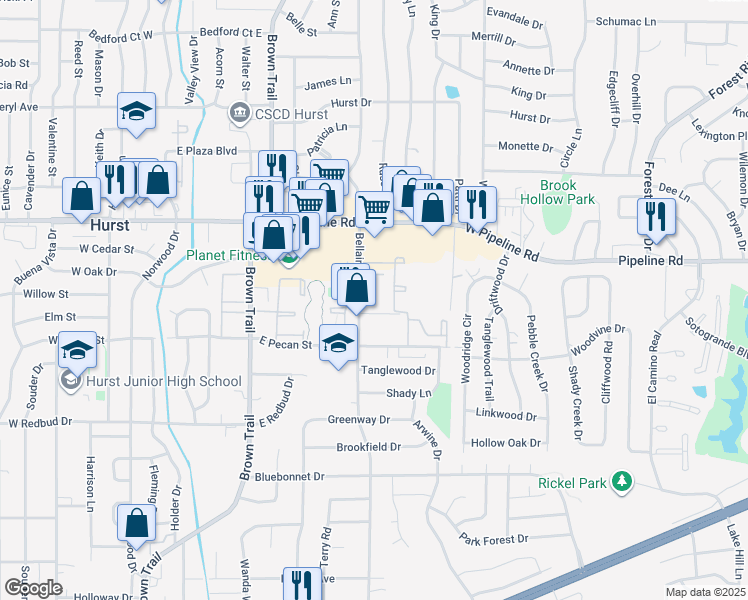 map of restaurants, bars, coffee shops, grocery stores, and more near 624 Bellaire Drive in Hurst