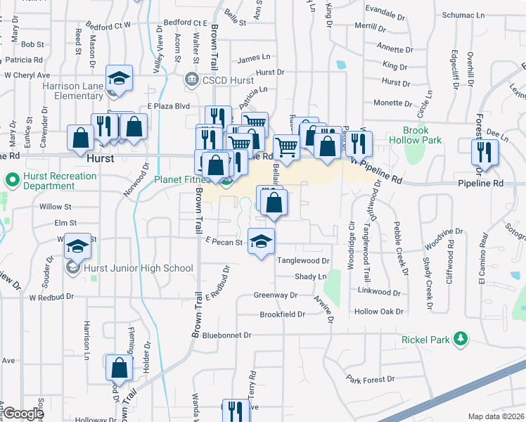 map of restaurants, bars, coffee shops, grocery stores, and more near 601 Bellaire Drive in Hurst