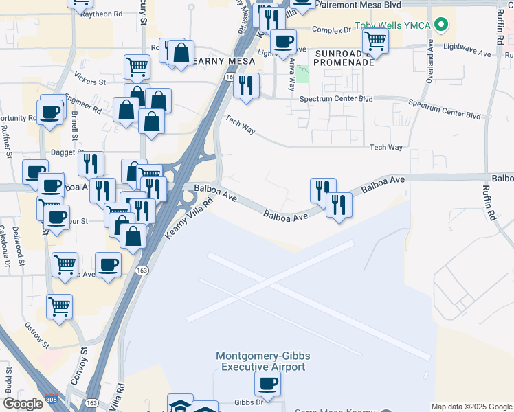 map of restaurants, bars, coffee shops, grocery stores, and more near 8680 Balboa Avenue in San Diego