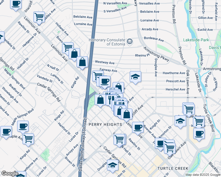 map of restaurants, bars, coffee shops, grocery stores, and more near 3641 Hawthorne Avenue in Dallas