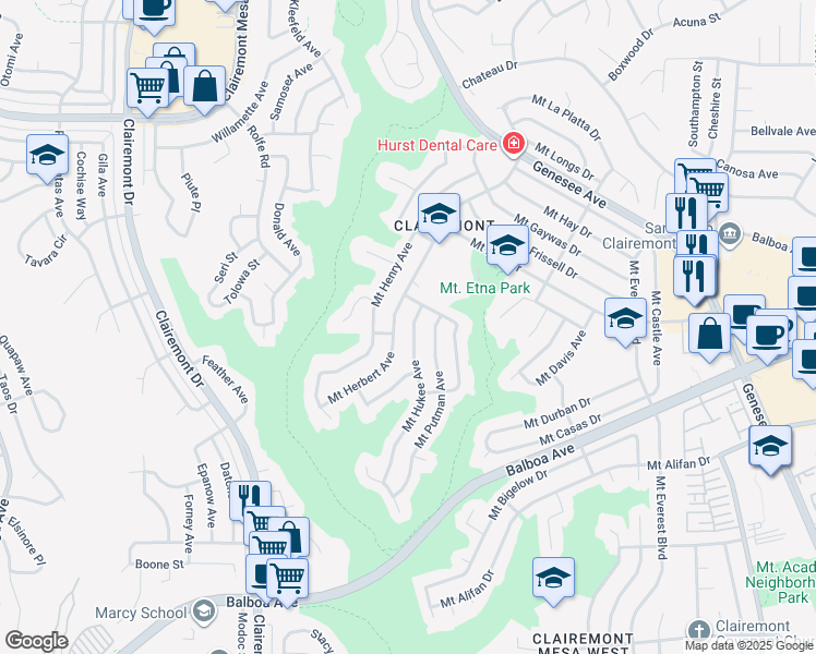 map of restaurants, bars, coffee shops, grocery stores, and more near 4374 Mount Hukee Avenue in San Diego