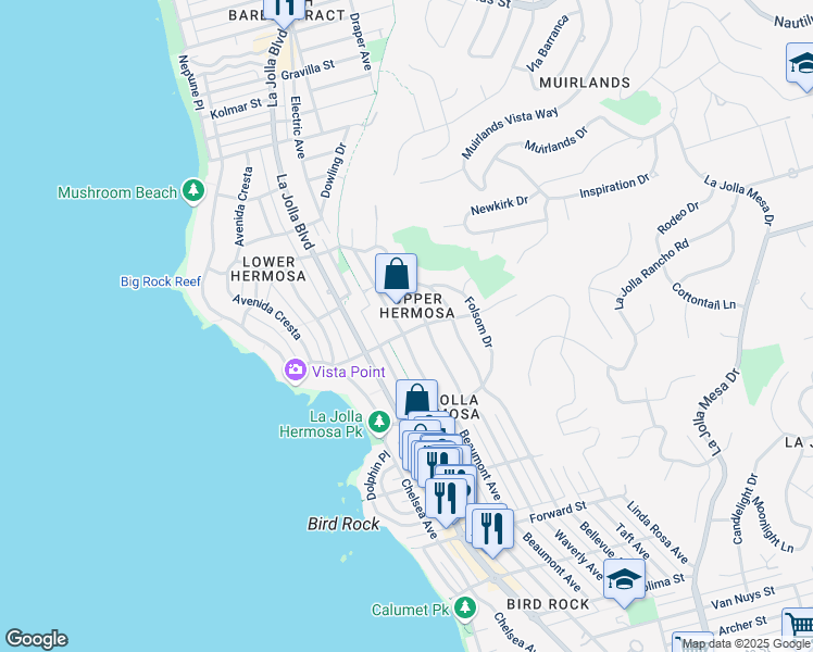 map of restaurants, bars, coffee shops, grocery stores, and more near 6030 Waverly Avenue in San Diego