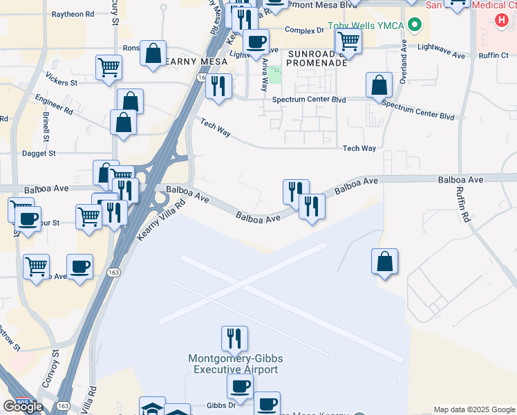 map of restaurants, bars, coffee shops, grocery stores, and more near 8690 Balboa Avenue in San Diego