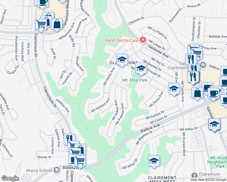 map of restaurants, bars, coffee shops, grocery stores, and more near 4374 Mount Hukee Avenue in San Diego