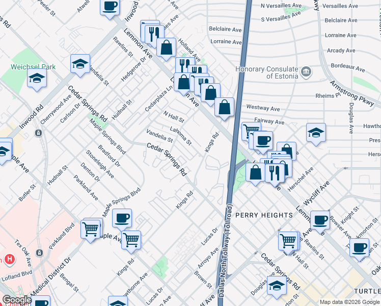 map of restaurants, bars, coffee shops, grocery stores, and more near 4938 Lahoma Street in Dallas