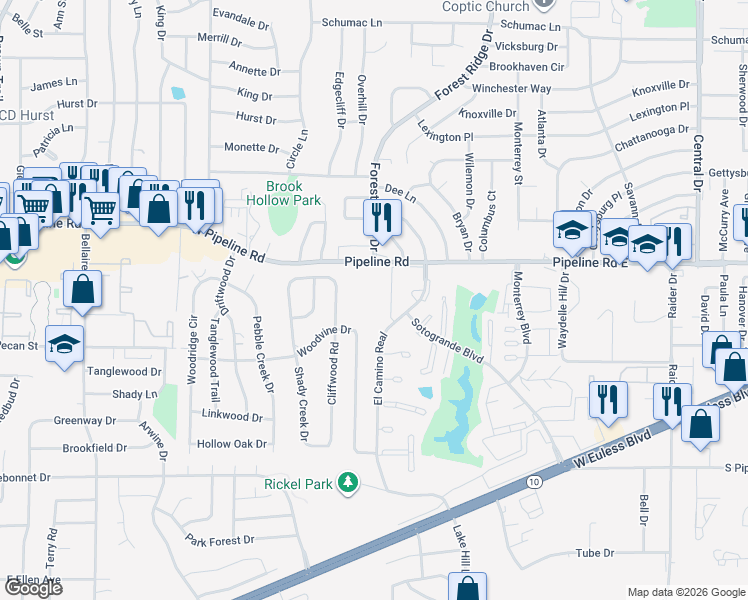 map of restaurants, bars, coffee shops, grocery stores, and more near 3919 West Pipeline Road in Euless