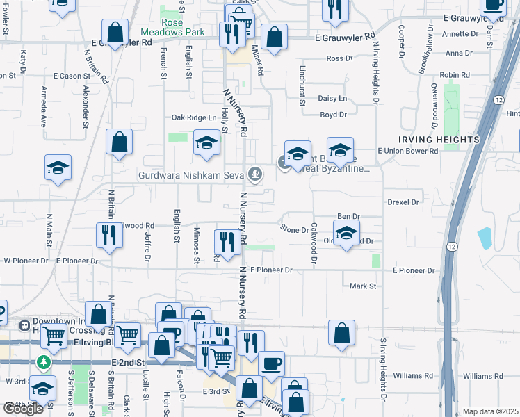 map of restaurants, bars, coffee shops, grocery stores, and more near 806 North Nursery Road in Irving