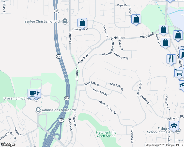 map of restaurants, bars, coffee shops, grocery stores, and more near 1951 Belmore Court in El Cajon