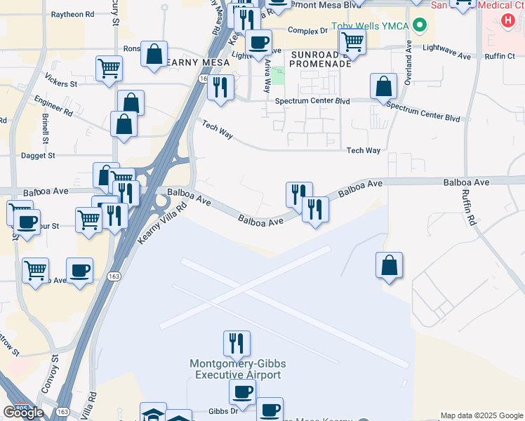 map of restaurants, bars, coffee shops, grocery stores, and more near 8680 Balboa Avenue in San Diego
