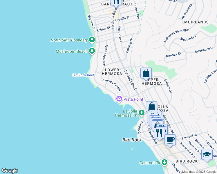 map of restaurants, bars, coffee shops, grocery stores, and more near 6126 Avenida Cresta in San Diego