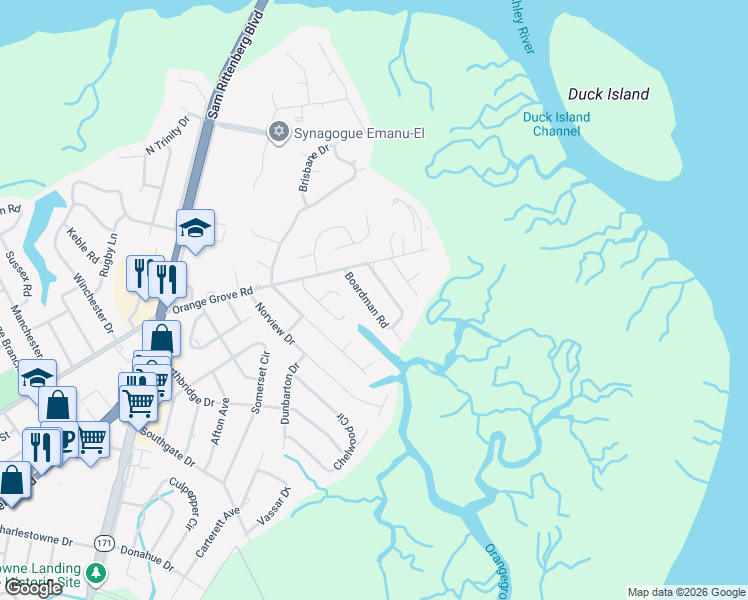 map of restaurants, bars, coffee shops, grocery stores, and more near 11 Boardman Road in Charleston