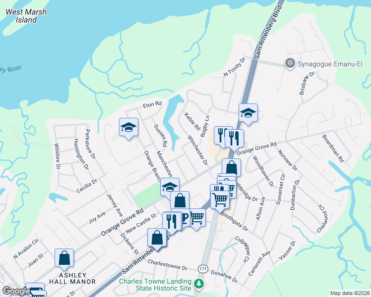 map of restaurants, bars, coffee shops, grocery stores, and more near 71 Shrewsbury Road in Charleston