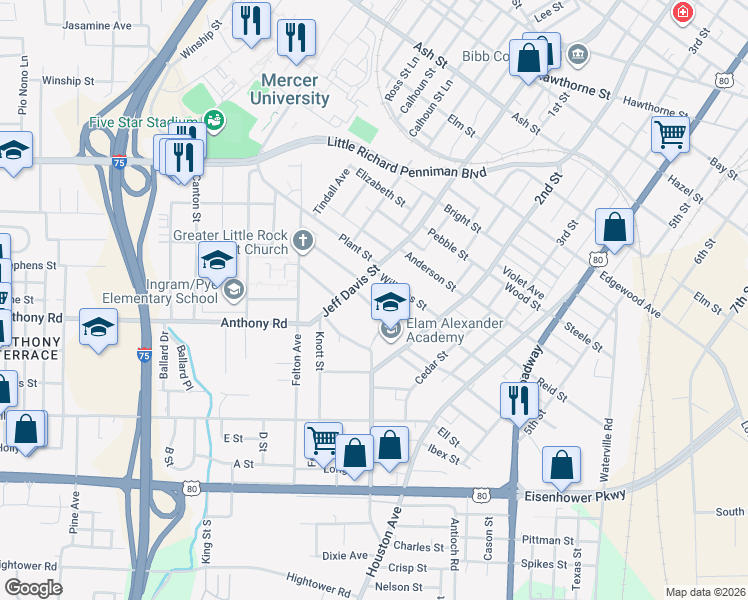 map of restaurants, bars, coffee shops, grocery stores, and more near 1942 Jeff Davis Street in Macon