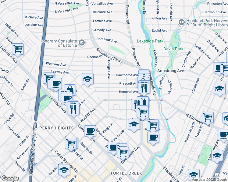 map of restaurants, bars, coffee shops, grocery stores, and more near 4358 Douglas Avenue in Dallas