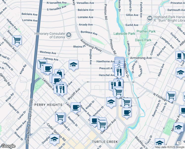 map of restaurants, bars, coffee shops, grocery stores, and more near 4358 Douglas Avenue in Dallas