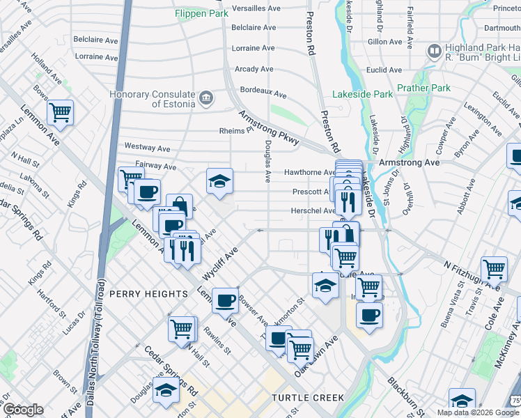 map of restaurants, bars, coffee shops, grocery stores, and more near 4358 Douglas Avenue in Dallas