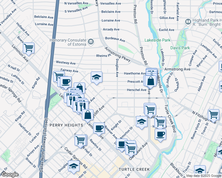 map of restaurants, bars, coffee shops, grocery stores, and more near 4018 Prescott Avenue in Dallas
