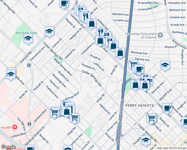 map of restaurants, bars, coffee shops, grocery stores, and more near 5105 Vandelia Street in Dallas
