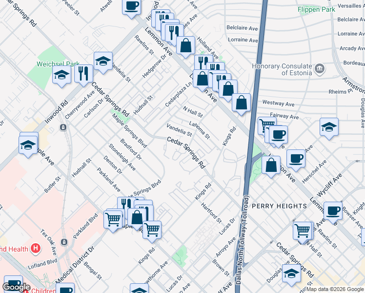 map of restaurants, bars, coffee shops, grocery stores, and more near 5128 Cedar Springs Road in Dallas