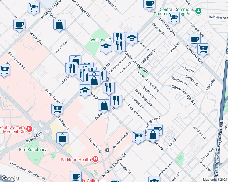 map of restaurants, bars, coffee shops, grocery stores, and more near 5520 Denton Drive in Dallas