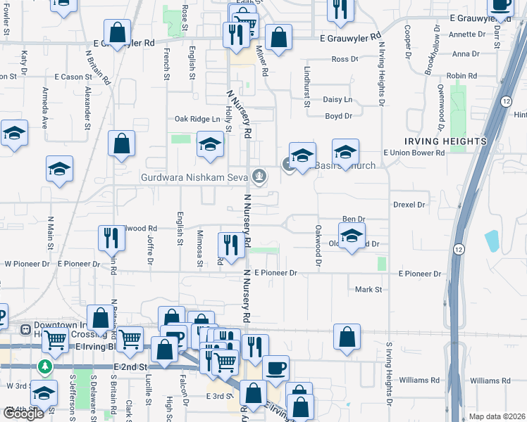 map of restaurants, bars, coffee shops, grocery stores, and more near 806 North Nursery Road in Irving