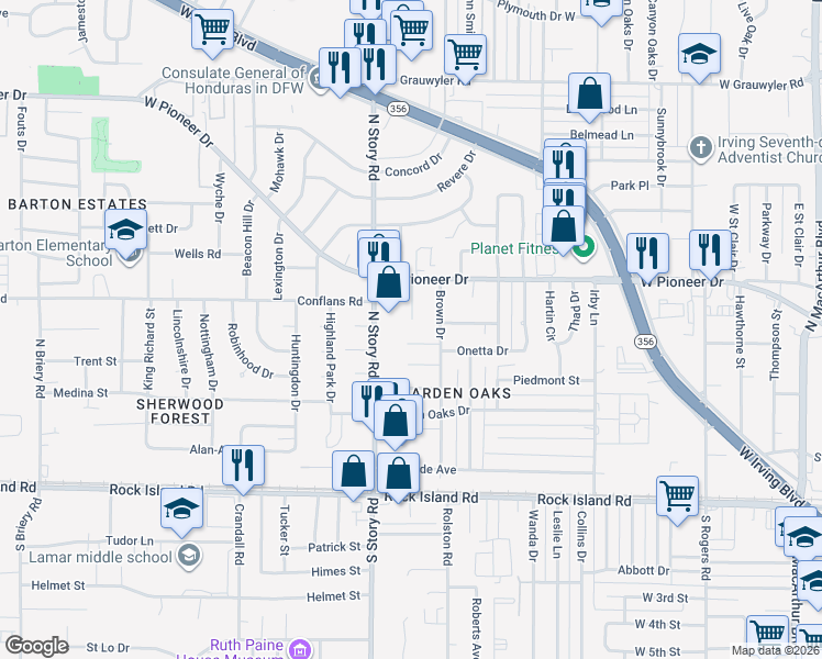 map of restaurants, bars, coffee shops, grocery stores, and more near 517 Shalamar Place in Irving