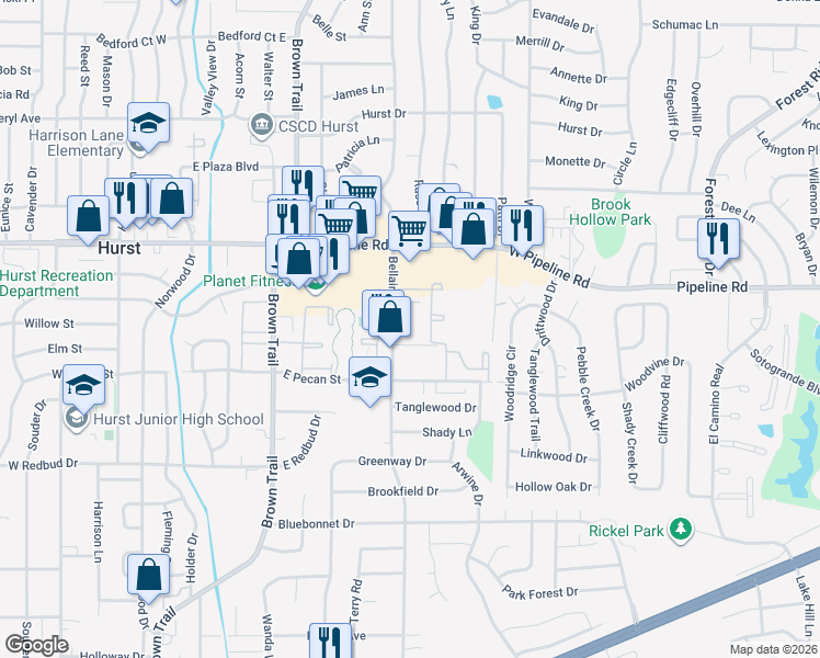 map of restaurants, bars, coffee shops, grocery stores, and more near 632 Whispering Run Apartment in Hurst