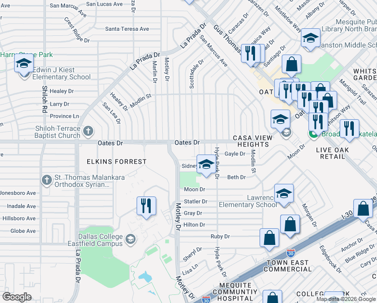 map of restaurants, bars, coffee shops, grocery stores, and more near 3700 Oates Drive in Mesquite