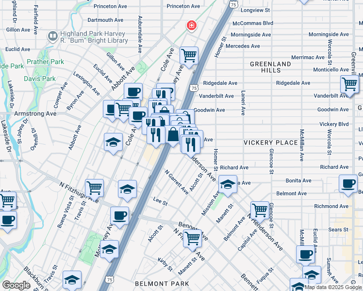 map of restaurants, bars, coffee shops, grocery stores, and more near 3007 North Henderson Avenue in Dallas