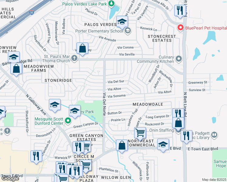 map of restaurants, bars, coffee shops, grocery stores, and more near 720 Via Del Sur in Mesquite