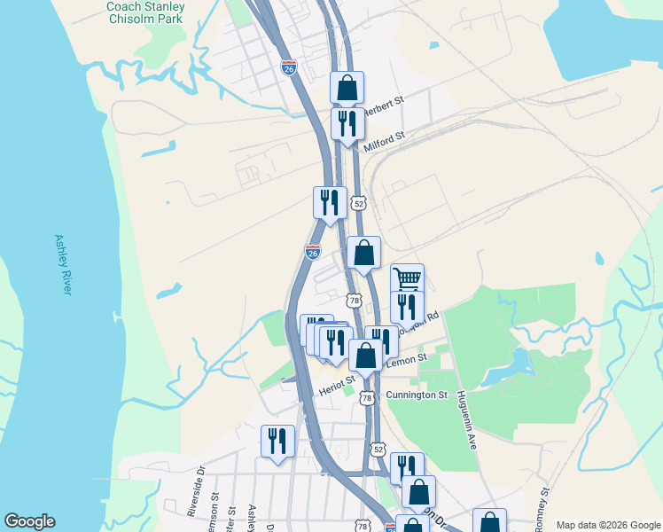 map of restaurants, bars, coffee shops, grocery stores, and more near 2115 Ashepoo Lane in Charleston