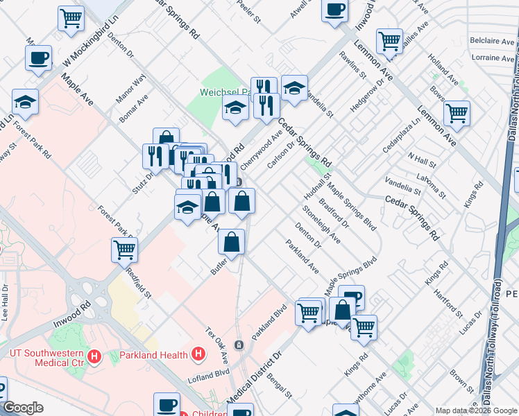 map of restaurants, bars, coffee shops, grocery stores, and more near 5502 Denton Dr Cut Off in Dallas