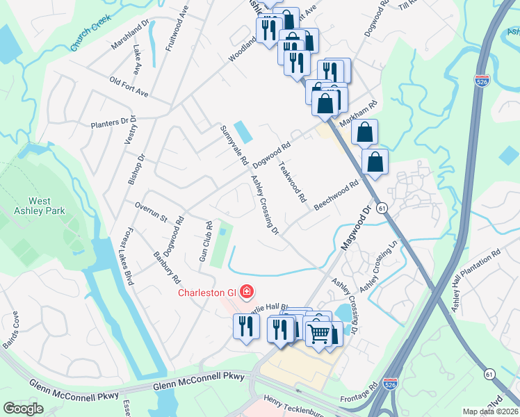 map of restaurants, bars, coffee shops, grocery stores, and more near 1946 Treebark Drive in Charleston