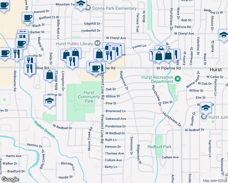 map of restaurants, bars, coffee shops, grocery stores, and more near 728 Oak Drive in Hurst