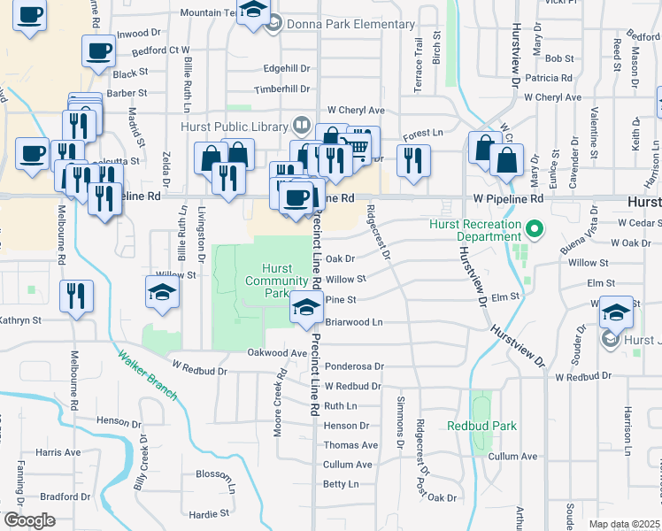 map of restaurants, bars, coffee shops, grocery stores, and more near 752 Oak Drive in Hurst