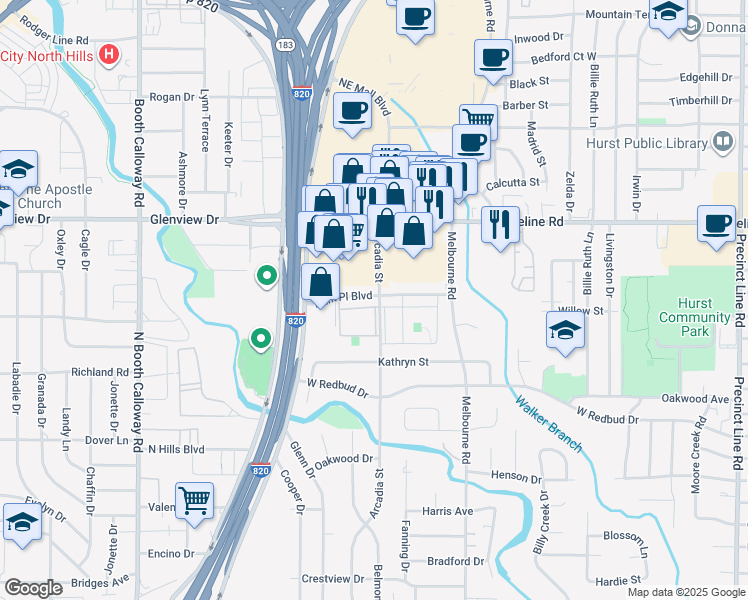 map of restaurants, bars, coffee shops, grocery stores, and more near 621 Arcadia Street in Hurst