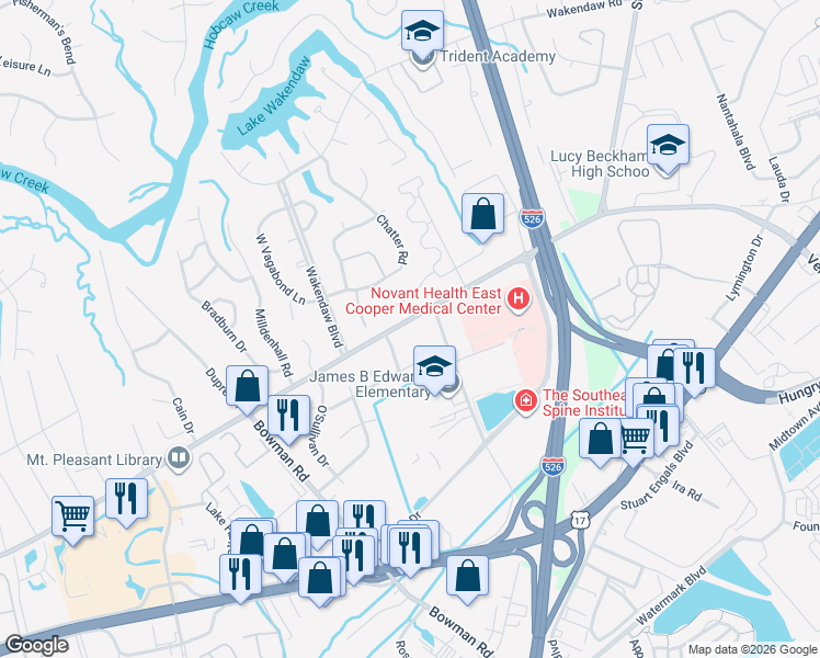 map of restaurants, bars, coffee shops, grocery stores, and more near 1295 Mathis Ferry Road in Mount Pleasant