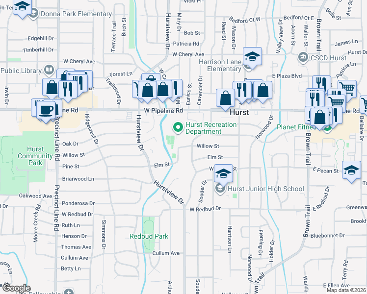 map of restaurants, bars, coffee shops, grocery stores, and more near 458 Willow Street in Hurst