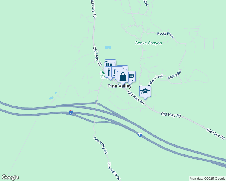 map of restaurants, bars, coffee shops, grocery stores, and more near 28857 Old Highway 80 in Pine Valley