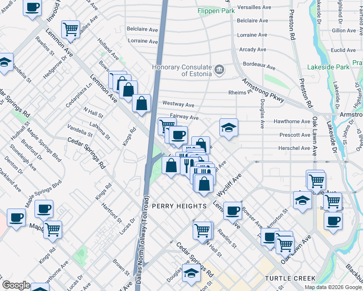 map of restaurants, bars, coffee shops, grocery stores, and more near 4201 Lomo Alto Court in Dallas