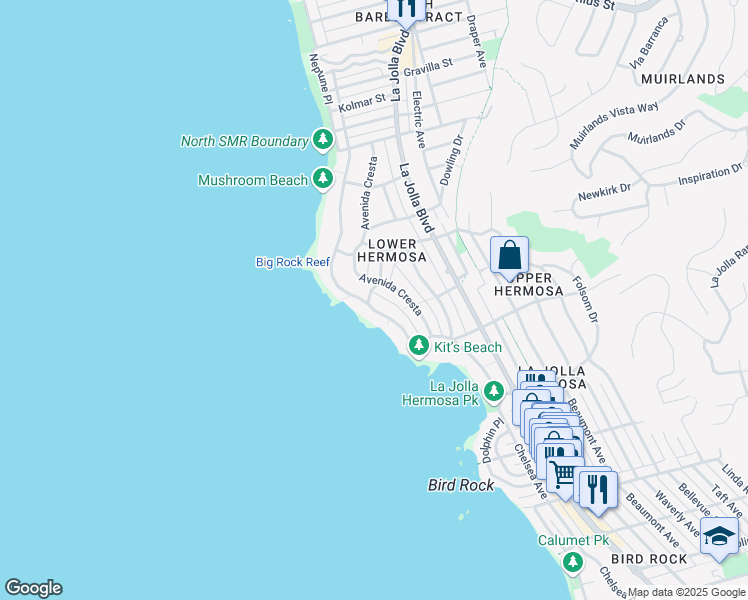 map of restaurants, bars, coffee shops, grocery stores, and more near 6119 Camino De La Costa in San Diego