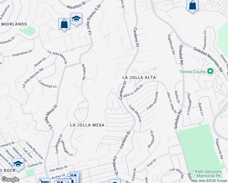 map of restaurants, bars, coffee shops, grocery stores, and more near 5848 Caminito Del Estio in San Diego