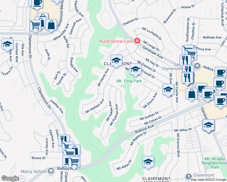 map of restaurants, bars, coffee shops, grocery stores, and more near 4382 Mount Putman Avenue in San Diego