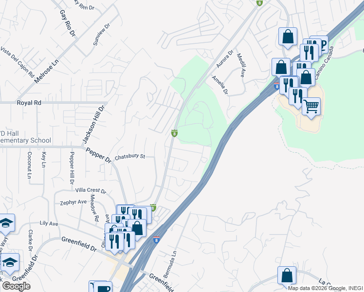 map of restaurants, bars, coffee shops, grocery stores, and more near 1820 Lavala Lane in El Cajon