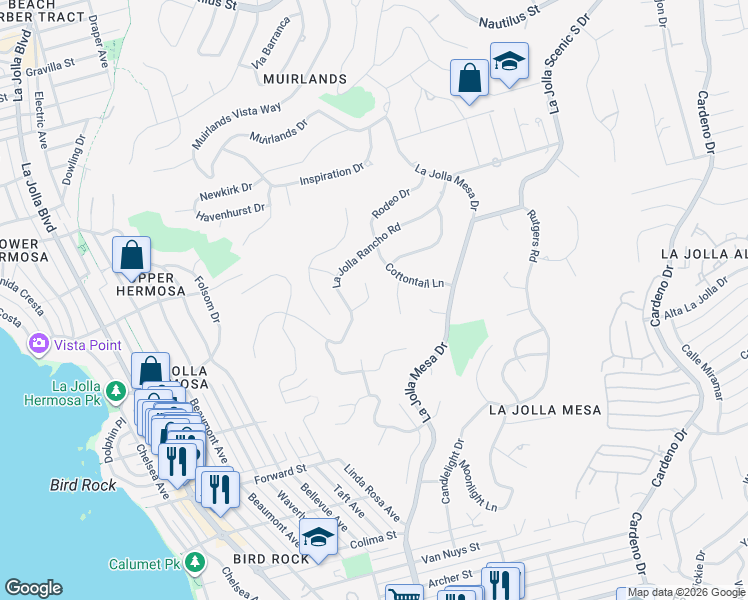 map of restaurants, bars, coffee shops, grocery stores, and more near 1375 Cottontail Lane in San Diego