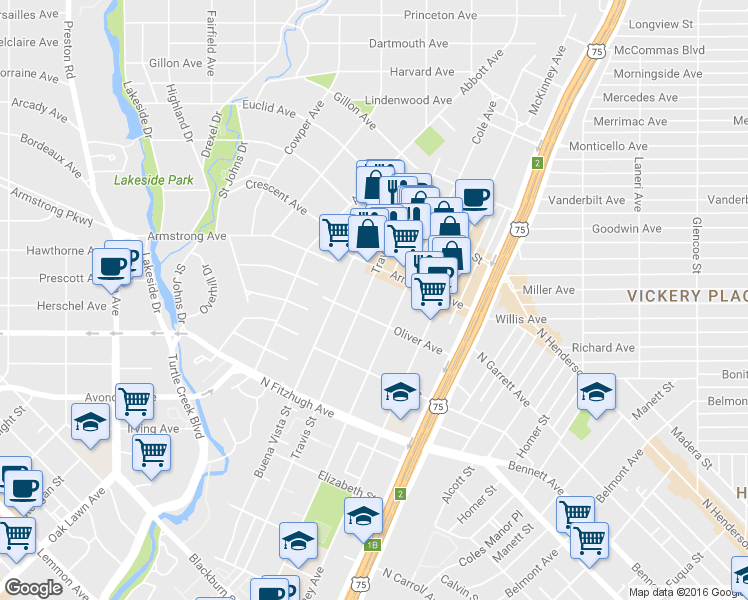 map of restaurants, bars, coffee shops, grocery stores, and more near 4425 Travis Street in Dallas
