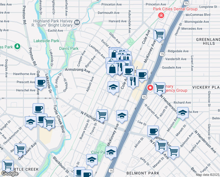 map of restaurants, bars, coffee shops, grocery stores, and more near 4425 Travis Street in Dallas
